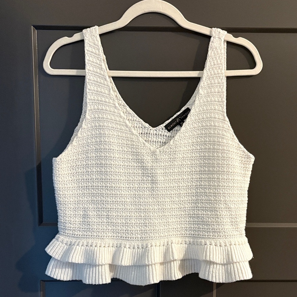 Almost Famous White Knit Ruffle Cropped tank top